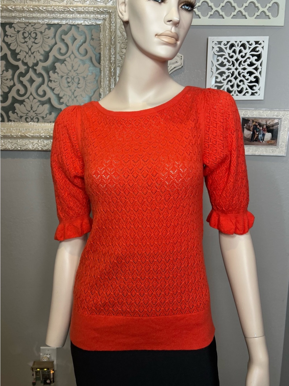 Women's Red Orange Knit Short-Sleeve Sweater Top
